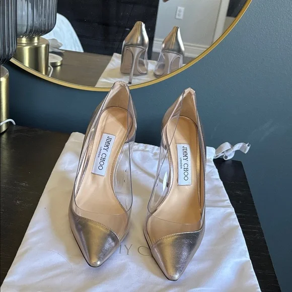 JIMMY CHOO Limited Edition Platinum/Plexi Romy Pointed Heels 100mm Like New! - Picture 1 of 10
